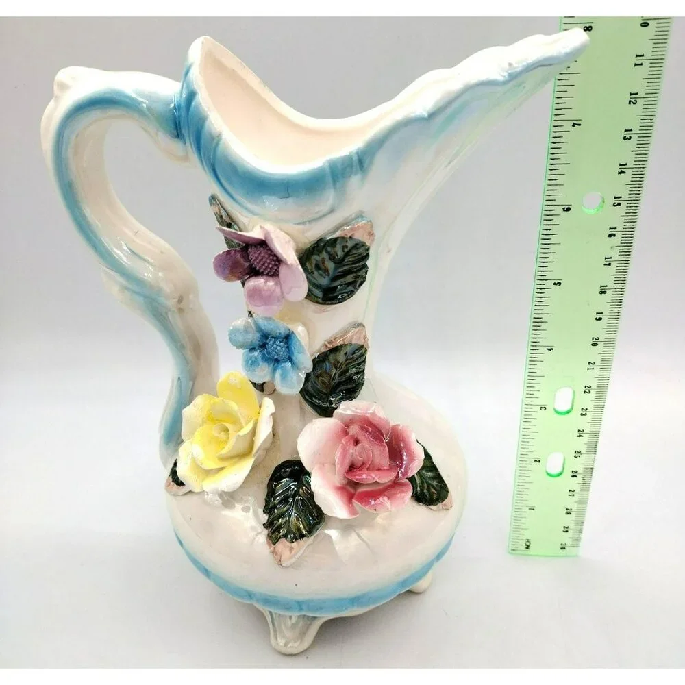 Lusterware Pitcher Vase with Flower Accents and Handle 8 Inches Vintage